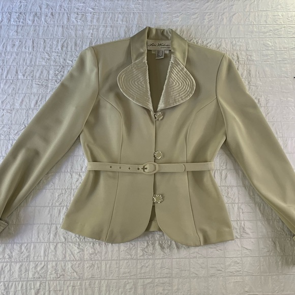Vintage Lori Weidner Evenings Ivory 2 piece Suit 6 Satin Belted Blazer Skirt - Picture 3 of 16